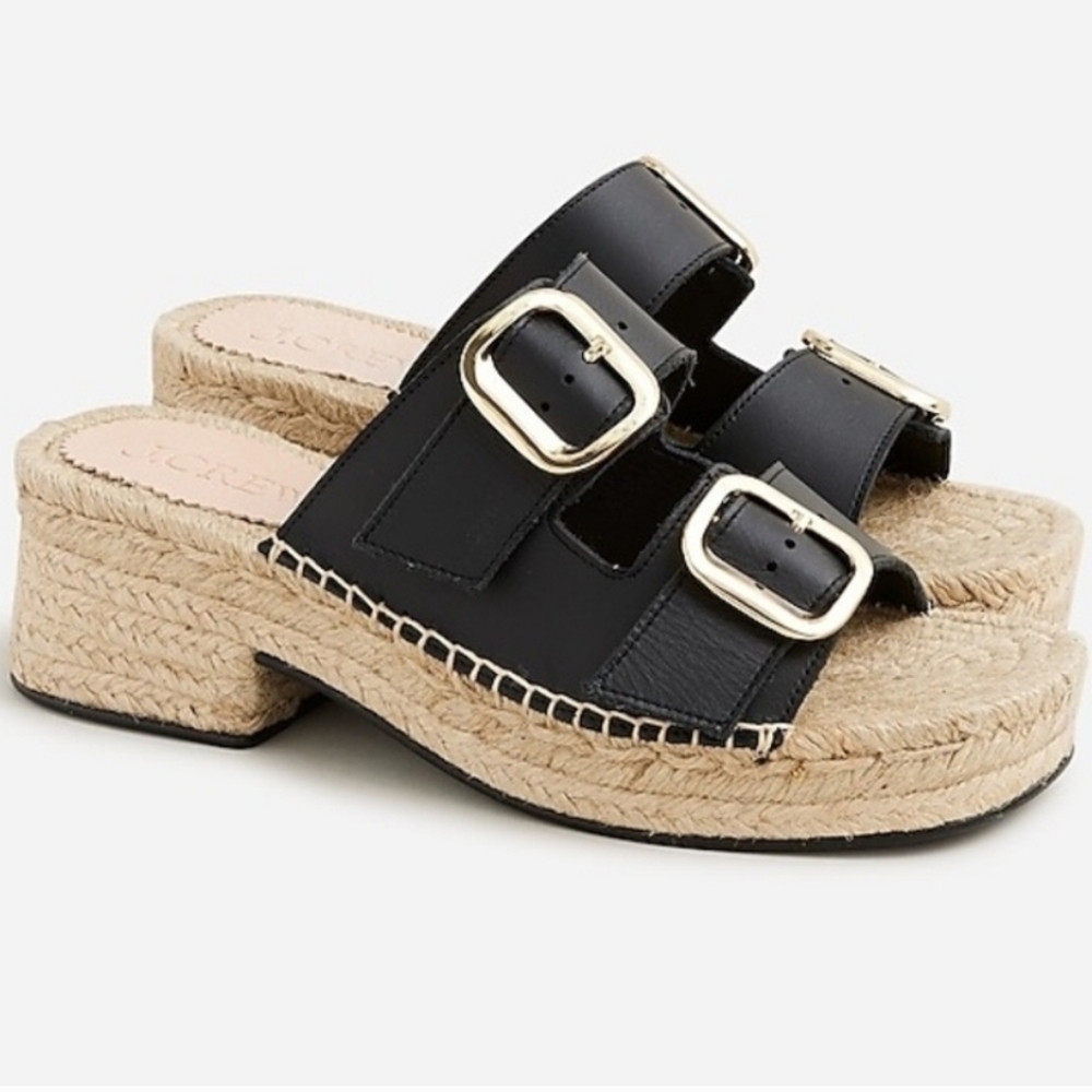 J. Crew Black Leather Block Heel Espadrille Sandals Size 8 Gold Buckle Womens